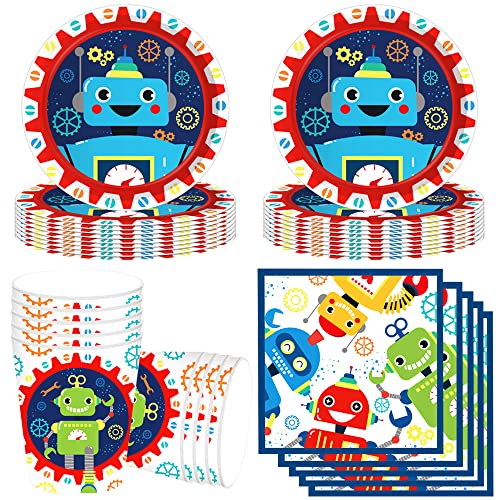 YGCHEN Partygeschirr Roboter Kindergeburtstag Deko Geburtstag Party Geschirr Robot Pappbecher Pappteller Servietten Junge Geburtstag Tischdeko 8 Personen von YGCHEN