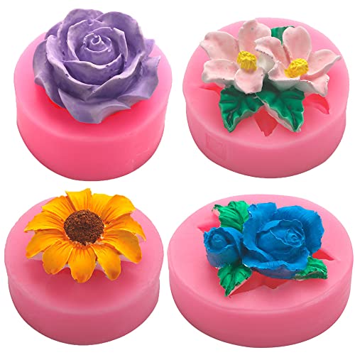 YGCHEN Silikonform Blume Silikon Formen Fondant Rose Silikonformen 3D Sonnenblume Silikon Form Fondant Blumenform Gießform Silikon Kuchenform Eiswürfelform Schokoladenformen (4 Stück) von YGCHEN