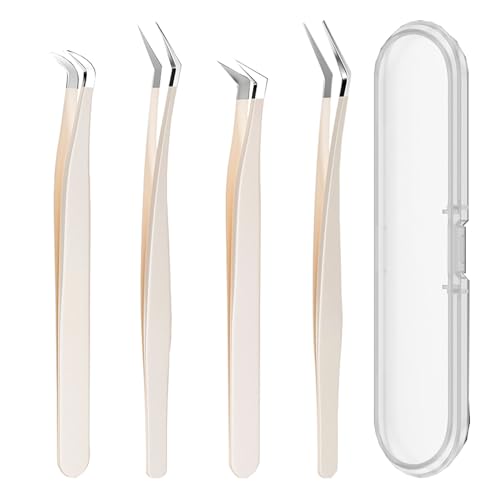 YGCQFH 4 Stück Wimpern Pinzette, Wimpernpinzette Set aus Edelstahl, Gebogene Pinzetten, Pinzette zur Verlängerung falscher Wimpern, Wimpernpinzette für Wimpernverlängerungen(Beige) von YGCQFH