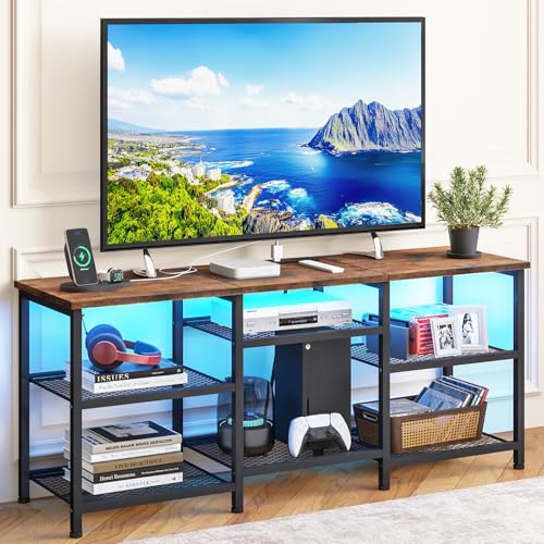 YGEOMER TV-Ständer für 55-Zoll-Fernseher, Unterhaltungszentrum mit beweglichen Regalplatten, Steckdose und LED-Lichtern, offene Aufbewahrungsregale, TV-Medienkonsolentisch für Wohnzimmer und von YGEOMER
