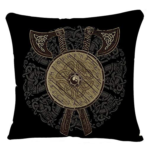 YGGQF Kissenbezug mit Odin-Wikinger-Design, gekreuzte Schlachtaxte und Schild mit den skandinavischen Runen, antiker Kissenbezug für Couch, Sofa, Bett, Stuhl, 45,7 x 45,7 cm Kissenbezug von YGGQF