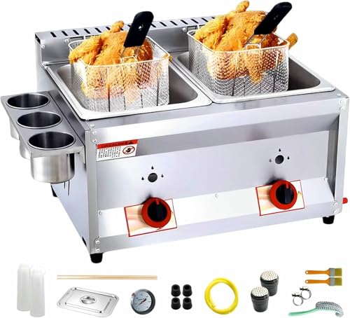 Commercial Countertop LPG Gas Deep Fat Fryer Mit Korb Und Deckel Für Pommes Frites Home Kitchen Restaurant Dual Tanks Edelstahl Großkapazität Propan LPG Mit Metallrohr von YGHBFRSZ