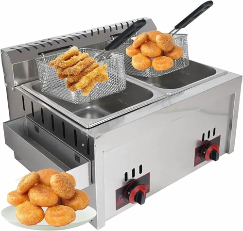 Commercial Fräter, Gas Fräter - 20L Große Kapazität Edelstahl Doppelzylinder Freistehend Mit Temperaturregelung - Ideal Für Pommes Frites Und Heimküche Oder Restaurant Gebrauch von YGHBFRSZ