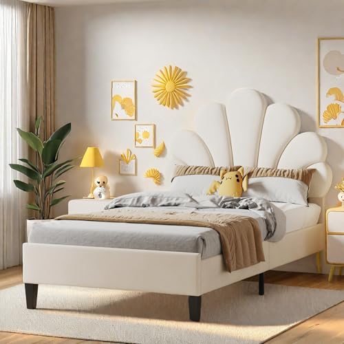 YGHQAP Polsterbett Kinderbett, Teenie Mädchenbett Mit Kopfteil in Blumenform Muschelform Und Lattenrost, Gepolstertes Bettgestell in Hautfreundlichem Samtstoff, Gästebett, Ohne Matratze (Beige) von YGHQAP