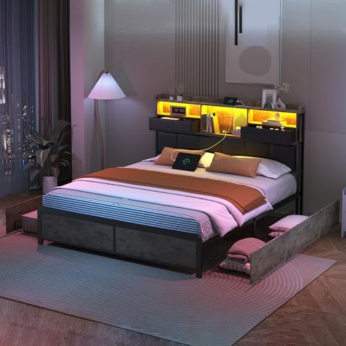 YGHQAP 160x200cm Polsterbett Metallbett Mit Stauraum, Doppelbett Mit LED Beleuchtung, USB Aufladung, 4 Schubladen Und PU Kopfteil Stauraum, Bettrahmen Bettgestell Mit Lattenrost Metall, Ohne Matratze YGHQAP 160x200cm Polsterbett Metallbett Mit Stauraum, Doppelbett Mit LED Beleuchtung, USB Aufladung, 4 Schubladen Und PU Kopfteil Stauraum, Bettrahmen Bettgestell Mit Lattenrost Metall, Ohne Matratze von YGHQAP