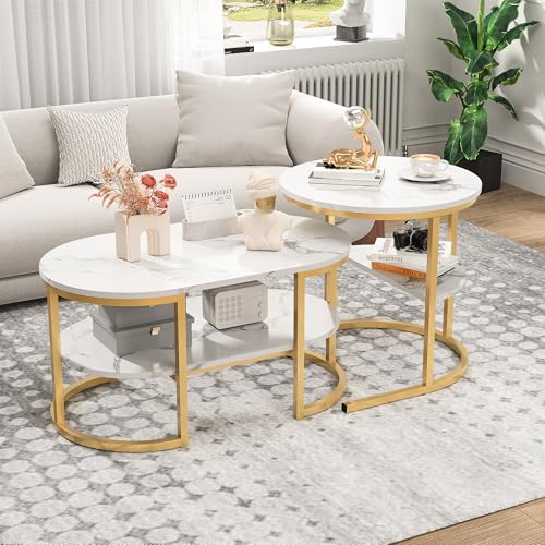 YGHQAP 2er Set Couchtisch Modern Couchtisch Runder Tisch mit Marmor Muster Couchtisch Wohnzimmertisch mit Metallgestell und Ablagefläche für Wohnzimmer Balkon Büro (Gold) von YGHQAP