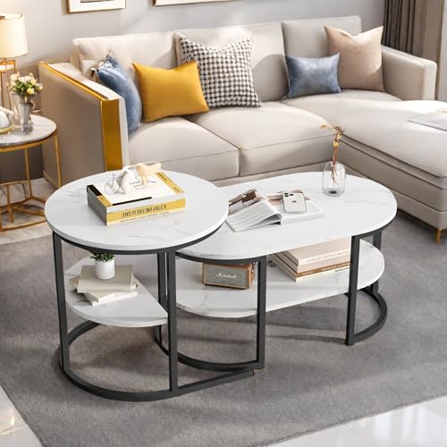 YGHQAP 2er Set Couchtisch Modern Couchtisch Runder Tisch mit Marmor Muster Couchtisch Wohnzimmertisch mit Metallgestell und Ablagefläche für Wohnzimmer Balkon Büro (Schwarz) von YGHQAP