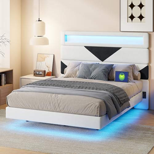 YGHQAP Bett 140 x 190 cm, schwimmendes Design mit Lattenrost, LED- und USB-Beleuchtung, gepolstertes Doppelbett mit verstellbarem Kopfteil, Bettgestell für 2 Personen, Samt (ohne Matratze) (Beige, 140 von YGHQAP