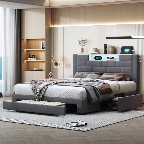 YGHQAP Doppelbett, Bett 140 x 200 mit verstellbarem LED-Netz und USB, Polsterbetten mit 3 Schubladen und Stauraum für Erwachsene und Jugendliche, Samt (Grau, 140 x 200) von YGHQAP