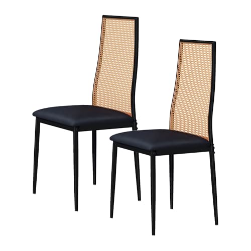 YGHQAP Esszimmerstühle 2er Set, Rattan Stuhl, Rattanstühle Küchenstuhl Mit Rattan Hoher Rückenlehne, Moderner Polsterstühle Mit Metallbeine Für Wohnzimmer, Küche, Esszimmer, Balkon (Schwarz-A) von YGHQAP