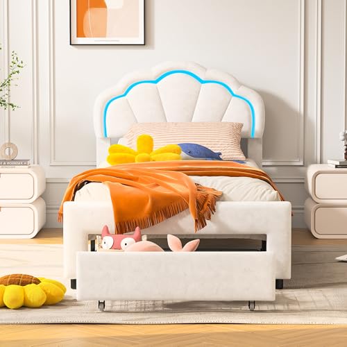 YGHQAP Gepolstertes Kinderbett 90 x 200 cm, Einzelbett für Mädchen mit LED-Beleuchtung und Kopfstück in Blütenblattform, Delit mit Lattenrost, Samt, Weiß, ohne Matratze von YGHQAP