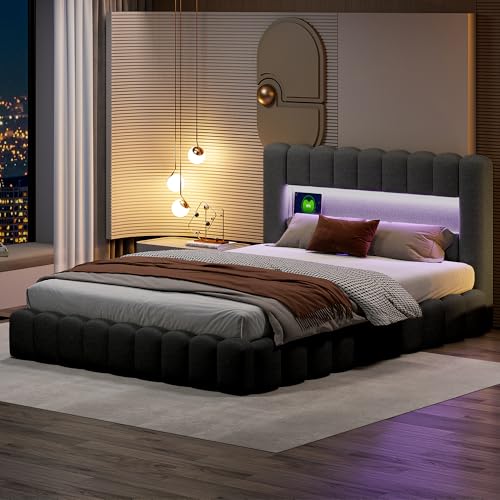 YGHQAP Polsterbett Bubble Bett 160x200cm Doppelbett mit LED und USB-Ladefunktion Hydraulisch Stauraumbett mit Eicher Rückenlehne Jugendbett, Leinen, ohne Matratze von YGHQAP