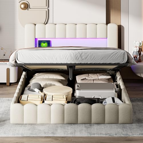 YGHQAP Polsterbett Bubble Bett 180x200cm, Doppelbett mit LED und USB-Ladefunktion, Hydraulisch Stauraumbett mit Eicher Rückenlehne Jugendbett, Leinen, ohne Matratze, Beige YGHQAP Polsterbett Bubble Bett 180x200cm, Doppelbett mit LED und USB-Ladefunktion, Hydraulisch Stauraumbett mit Eicher Rückenlehne Jugendbett, Leinen, ohne Matratze, Beige von YGHQAP