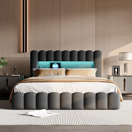 YGHQAP Polsterbett Bubble Bett 180x200cm Doppelbett mit LED und USB-Ladefunktion Hydraulisch Stauraumbett mit Eicher Rückenlehne Jugendbett, Leinen, ohne Matratze von YGHQAP