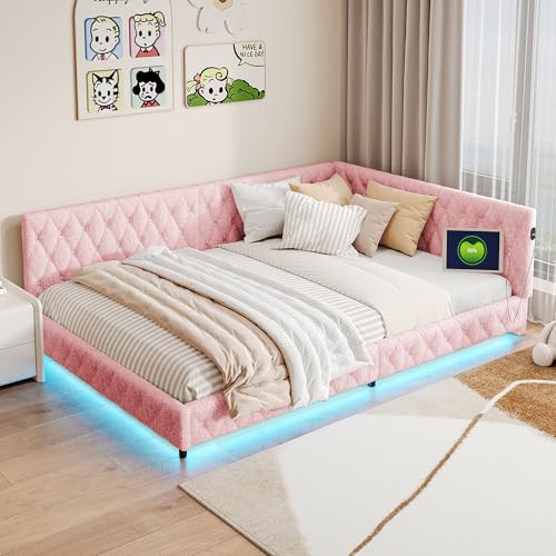 YGHQAP Sofa für Doppelbett, 140 x 200 cm, mit LED und USB-Anschluss, Polsterbett mit Lattenrost, Multifunktions-Bettrahmen, Veloursstoff (ohne Matratze) (Rosa, 140 x 200 cm) von YGHQAP