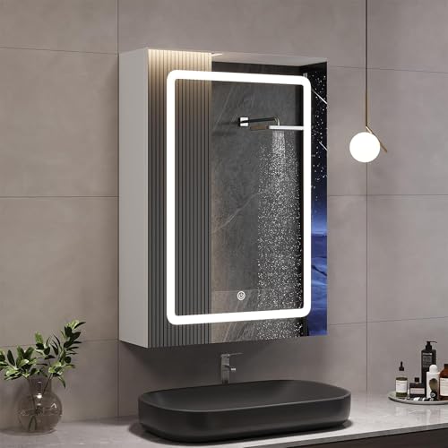 YGHQAP Spiegelschrank Bad Mit Beleuchtung Und Verstellbares Regal, Einzeltür Badezimmer Spiegelschrank, Hängeschrank Mit Spiegel, Berührung Sensorschalter, 70x50x15cm, Weiß (Einzeltür) von YGHQAP