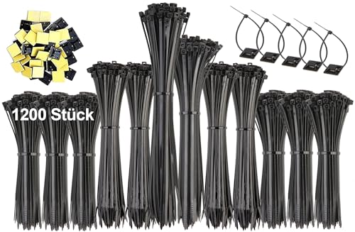 1200 Stück Kabelbinder Schwarz Set 100/150/200/250mm UV Beständig Selbsthemmend für Garten Werkstatt Kabelmanagement Mit 50 Selbstklebende Basishalter 1200 Stück Kabelbinder Schwarz Set 100/150/200/250mm UV Beständig Selbsthemmend für Garten Werkstatt Kabelmanagement Mit 50 Selbstklebende Basishalter von YGKJDM