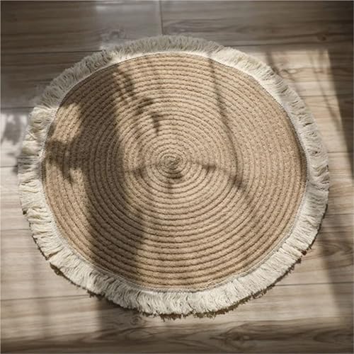 YGLEEULI Runde gewebte Teppiche aus Jute-Rattan for Schlafzimmer, Wohnzimmer, Vintage-Dekoration, Fußmatten, Zimmertürmatte für Terrasse(White Khaki) von YGLEEULI