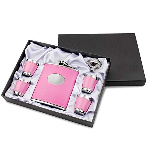 YGLONG Flachmann Rosa 7 Unzen Hüftflasche Set Frauen Tragbare Edelstahl Flagon PU Leder Taschenflaschen mit Geschenkbox Flachmann Edelstahl (Color : Pink) von YGLONG