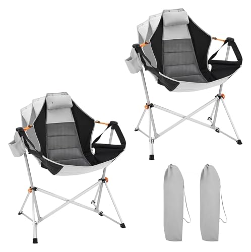 YGMNQAL Hängematten-Campingstuhl, Schaukelstuhl aus Aluminiumlegierung mit Verstellbarer Rückenlehne und Kissen-/Getränkehalter(Grey-2 Pack) von YGMNQAL