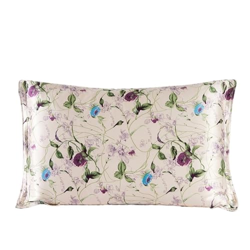 YGMNQAL Seidenkissenbezug Natur Maulbeerseide 19mm Seide Lila Blumendruck Kissenbezug Kissenbezüge Hotelverschluss Standard Queen King(50x70cm) von YGMNQAL