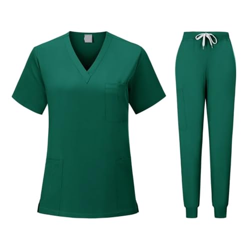 YGSGJSP Krankenschwesteruniform Krankenschwester Uniformen Frau Kurzarm V-Ausschnitt Top Scrubs Jogger Hosen Scrubs Set Frauen Sommer Casual Uniformes(Dark Green,XXL) von YGSGJSP