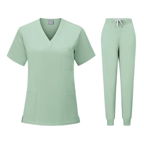 YGSGJSP Krankenschwesteruniform Krankenschwester Uniformen Frau Kurzarm V-Ausschnitt Top Scrubs Jogger Hosen Scrubs Set Frauen Sommer Casual Uniformes(Light Green,M) von YGSGJSP