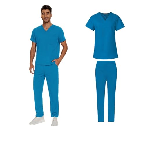 YGSGJSP Krankenschwesteruniform Männer Scrubs Uniform Labor Set Männliche Klinik Krankenhaus Arzt Overalls V-Ausschnitt Scrub Apotheke Krankenschwester Kleidung(42019-Blue,XL) von YGSGJSP