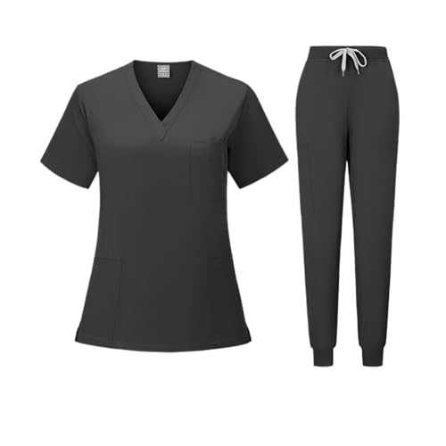 YGSGJSP Krankenschwesteruniform Scrubs Uniform Anzug Kurzarm V-Ausschnitt Tops + Jogger Hosen Set Pflege Uniform Frauen Mehrfarbige Pet Arzt Peeling Arbeitskleidung(Black,M) von YGSGJSP