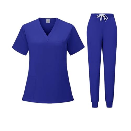YGSGJSP Krankenschwesteruniform Scrubs Uniform Anzug Kurzarm V-Ausschnitt Tops + Jogger Hosen Set Pflege Uniform Frauen Mehrfarbige Pet Arzt Peeling Arbeitskleidung(Blue2,XXL) von YGSGJSP