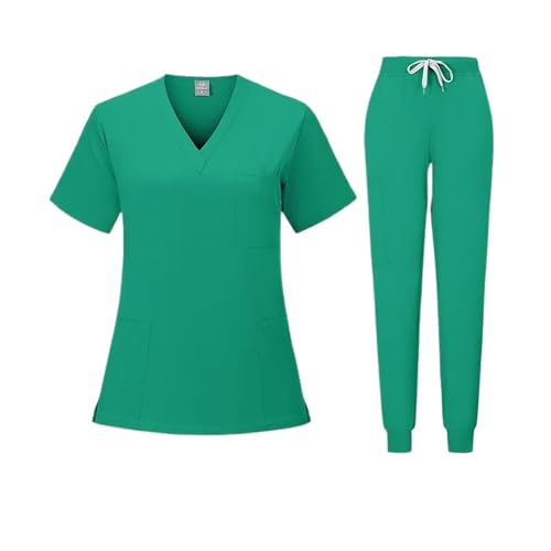 YGSGJSP Krankenschwesteruniform Scrubs Uniform Anzug Kurzarm V-Ausschnitt Tops + Jogger Hosen Set Pflege Uniform Frauen Mehrfarbige Pet Arzt Peeling Arbeitskleidung(Green,S) von YGSGJSP