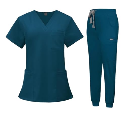 YGSGJSP Krankenschwesteruniform Scrubs Uniform Anzug Kurzarm V-Ausschnitt Tops Jogger Hosen Set Pflege Uniform Frauen Mehrfarbige Pet Arzt Peeling Arbeitskleidung(Blue1,XL) von YGSGJSP