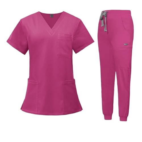 YGSGJSP Krankenschwesteruniform Scrubs Uniform Anzug Kurzarm V-Ausschnitt Tops Jogger Hosen Set Pflege Uniform Frauen Mehrfarbige Pet Arzt Peeling Arbeitskleidung(Light Rose Pink,XL) von YGSGJSP
