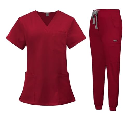 YGSGJSP Krankenschwesteruniform Scrubs Uniform Anzug Kurzarm V-Ausschnitt Tops Jogger Hosen Set Pflege Uniform Frauen Mehrfarbige Pet Arzt Peeling Arbeitskleidung(Red,XS) von YGSGJSP