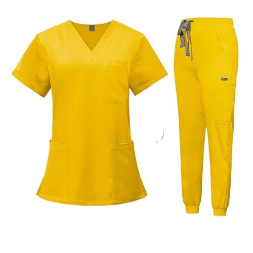 YGSGJSP Krankenschwesteruniform Scrubs Uniform Anzug Kurzarm V-Ausschnitt Tops Jogger Hosen Set Pflege Uniform Frauen Mehrfarbige Pet Arzt Peeling Arbeitskleidung(Yellow,L) von YGSGJSP