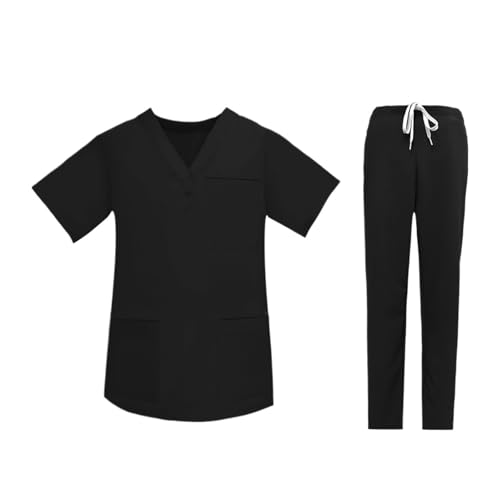 YGSGJSP Krankenschwesteruniform Scrubs Uniform Multi Kurzarm Tops Hosen Krankenhaus Set Damen Herren Pet Shop Arzt Scrub Chirurgie Arbeitskleidung Scrub(Black Suit,L) von YGSGJSP