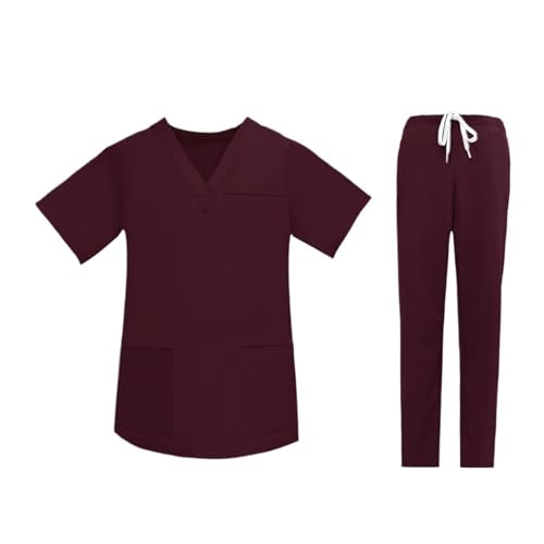 YGSGJSP Krankenschwesteruniform Scrubs Uniform Multi Kurzarm Tops Hosen Krankenhaus Set Damen Herren Pet Shop Arzt Scrub Chirurgie Arbeitskleidung Scrub(Burgundy Suit,XXXL) von YGSGJSP
