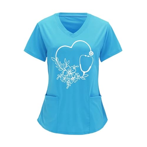 YGSGJSP Krankenschwesteruniform Sommer Damenbekleidung mit Muster Kurzarm V-Ausschnitt Tops Uniform Kurzarm Doktor Krankenschwester(Color19,S) von YGSGJSP