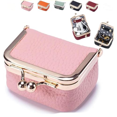 YGSIKY Mini-Schmuckkästchen aus echtem Leder, Mini-Reise-Schmucketui-Organizer für Damen, tragbares Schmucketui im ​​Vintage-Stil mit Münzbörse, Reise-Ringbox für Damen für Ringe, Ohrringe (Pink) von YGSIKY