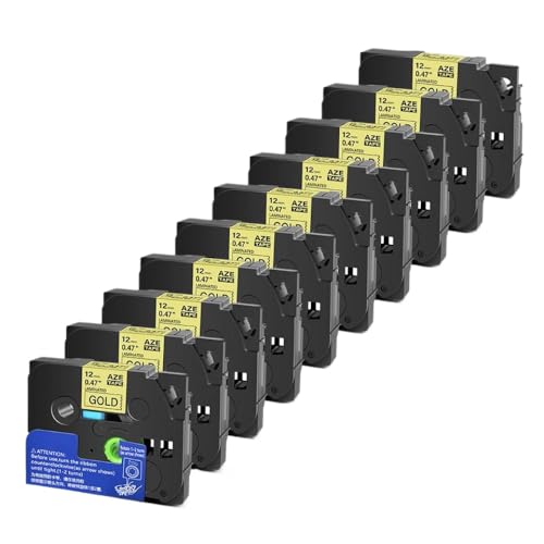5 10pcs Tze 6 9 12 18 24 mm laminierte Kassetten -Kassetten -Klebeband, kompatibel mit H110 -Etikettenhersteller und ähnlichen Modellen, einschließlich Tze231 Tze241 TZ131 Tze251(Black on Gold-10PK) von YGUWZ