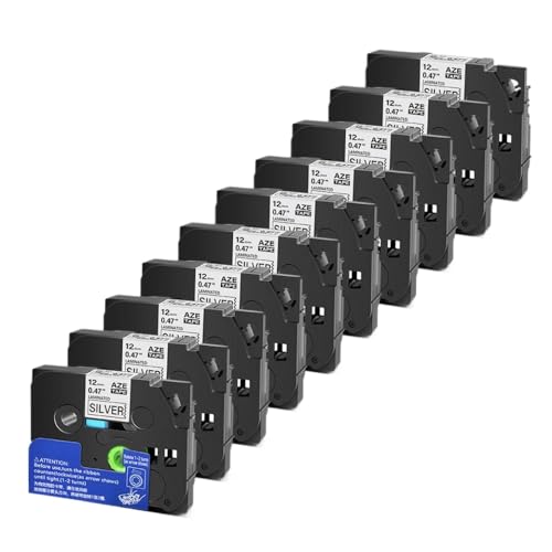 5 10pcs Tze 6 9 12 18 24 mm laminierte Kassetten -Kassetten -Klebeband, kompatibel mit H110 -Etikettenhersteller und ähnlichen Modellen, einschließlich Tze231 Tze241 TZ131 Tze251(Black on Silver-10PK) von YGUWZ