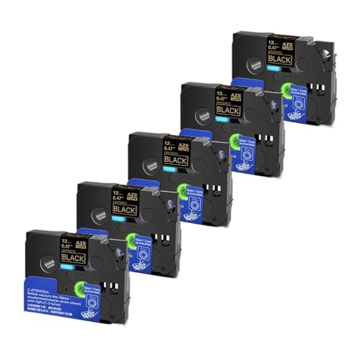5 10pcs Tze 6 9 12 18 24 mm laminierte Kassetten -Kassetten -Klebeband, kompatibel mit H110 -Etikettenhersteller und ähnlichen Modellen, einschließlich Tze231 Tze241 TZ131 Tze251(Gold on Black-5PK) von YGUWZ
