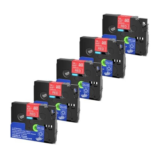 5 10pcs Tze 6 9 12 18 24 mm laminierte Kassetten -Kassetten -Klebeband, kompatibel mit H110 -Etikettenhersteller und ähnlichen Modellen, einschließlich Tze231 Tze241 TZ131 Tze251(White on Red-5PK) von YGUWZ