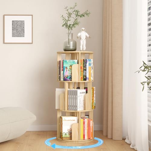 YGYQZ Drehbares Bücherregal, Kiefernholz Drehbares Regal Kinder 3 Stöckiges Bodenstehendes Bücherregal Rund Holz 360 Anzeige Schmales Regal Veranstalter Für Kinder & Erwachsene Lagerung Rack von YGYQZ