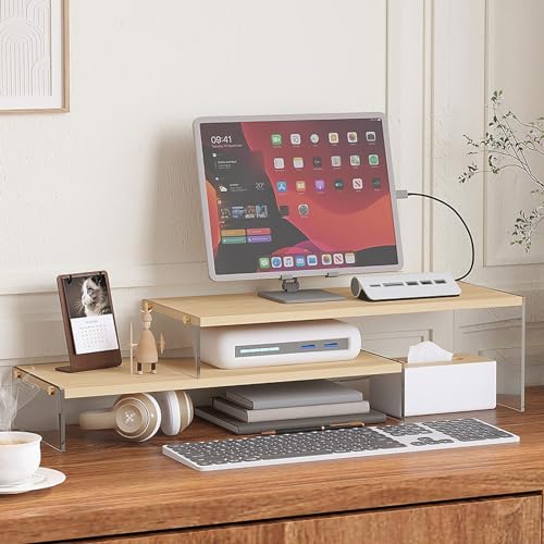 YGYQZ Holz verstellbare Monitor Riser für Schreibtisch, 2 Tier Dual Monitor Stand mit Acryl Beine Büro Schreibtisch Regal Veranstalter für Laptop, PC, Drucker, Computer (Holz-flach) von YGYQZ