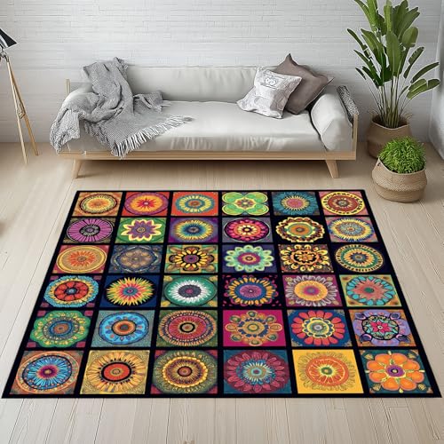 Boho Blumenmuster Patchwork Abstrakt Waschbare Teppiche Geometrisch Ethno Bohemian Vintage Teppiche Kurzflor Rutschfest 120x180 cm Teppich Eingangsmatte Wohnzimmer Schmutzfangmatte Kinderzimmer von YGcegcia