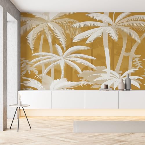 Kokosnussbaum Tropische Pflanze Tapete Schlafzimmer Gelb Aquarell Botanisch Minimalismus Fototapete 3D Effekt Tapeten 250x175 cm Wandtapete Wohnzimmer Panorama Vliestapete Wanddeko Kinderzimmer von YGcegcia
