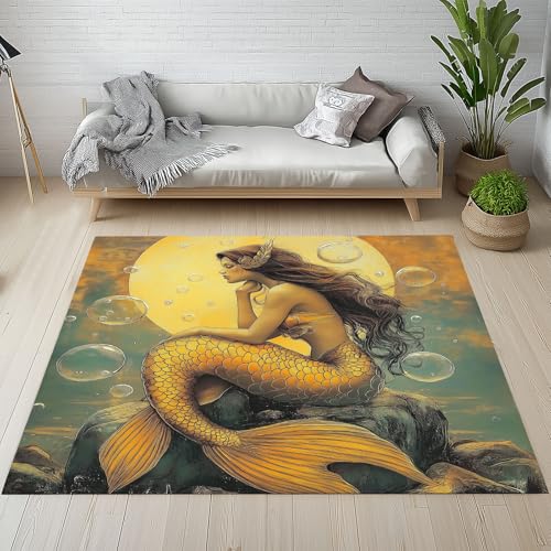 Meerjungfrau Traum Fantasy Meerestiere Fußmatte Outdoor Sonnenuntergang Bulle Waschbare Teppich Bettvorleger Teppiche Klein Kurzflor Eingangsmatte Innen rutschfest Weich 80x120 cm von YGcegcia