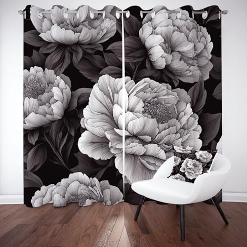Pfingstrose Blumen Gardinen Blickdicht, Blumenmuster Chinesischer Stil Vorhang Thermovorhang, Schwarz Weißer Ösenvorhang Verdunklungsvorhänge 2er Set für Schlafzimmer Wohnzimmer, H225 x B140 cm von YGcegcia