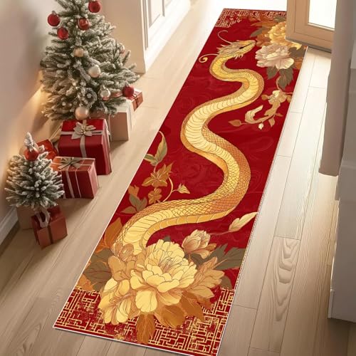 Teppich Flur 80x200 cm Asiatischer Drache Traditionell Mohn Teppiche Kurzflor Orientalische Elemente Teppiche Läufer Rutschfest Waschbare Teppich Weich Küchenläufer für Schlafzimmer Wohnzimmer von YGcegcia